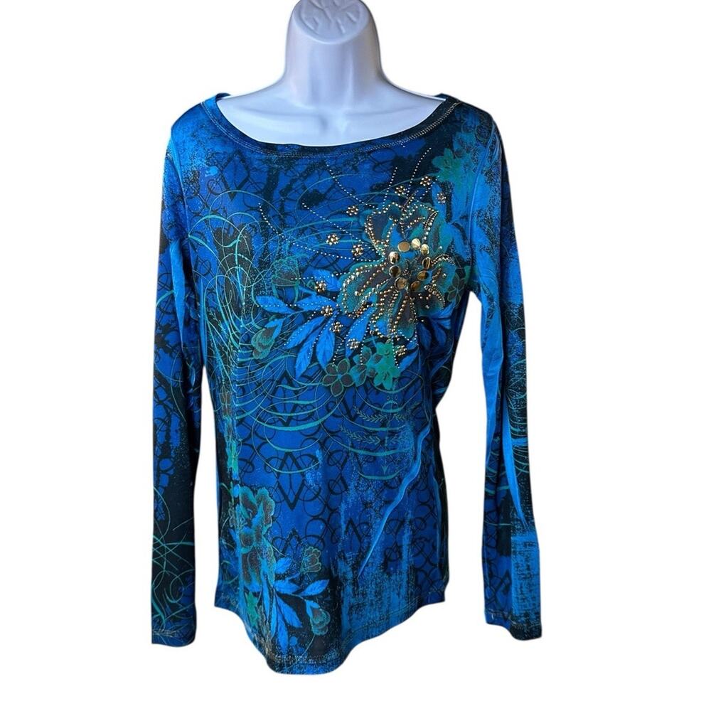 Cache Baroque Floral Rhinestone Top Blue Gold Embellished Glam Boutique READ